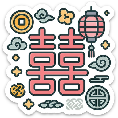 Chinese character 'double happiness' (囍), icon-color-outlined style, thin clean contours, soft rounded shapes, pastel palette #98B5BC, #B5B3C1, #C9A3C9, #E4C0CA, #F7DCD1, #F7C0AA, modern Japanese pop-art and sticker aesthetics, detailed shadows and highlights, soft lighting, transparent background, with Chinese decor elements like coins, lanterns, clouds, patterns sticker