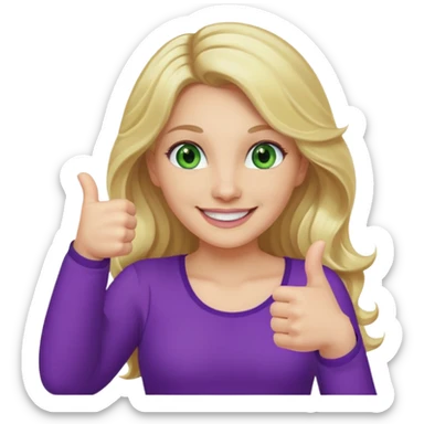 lady with long wavy blonde hair, purple top, green eyes, one thumb up sticker