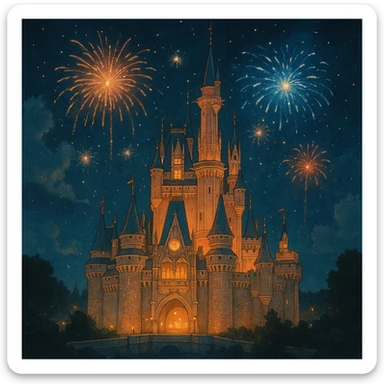 a disney castle, glowing at night, fireworks in the sky, enchanting atmosphere sticker