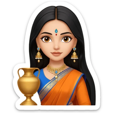generate a pretty bratz Deepika Padukone with long black hair middle parted.
Wearing an orange saree with a blue blouse, golden jhumkas
SHe shoudl look like deepika padukone. dark brown eyes and carrying an urn sticker