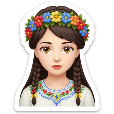 Ukrainian woman in a white embroidered shirt with dark hair in a wreath of flowers with multicoloured ribbons on her head sticker