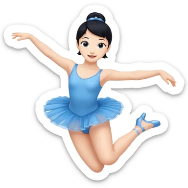 A lively black hair ballerina in a blue outfit, jumping mid-air with a bright smile. sticker