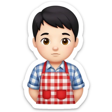 chubby boy with black hair styled upward in front, wearing a red and white checkered plaid apron sticker