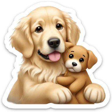 English cream golden retriever holding teddy bear sticker
