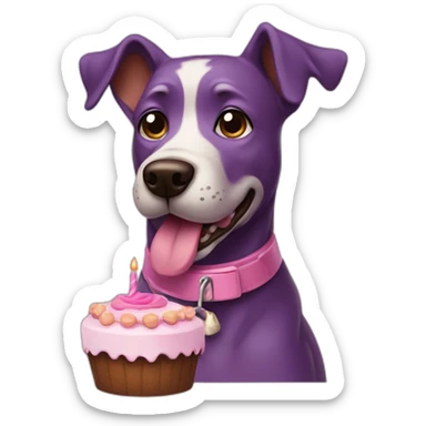 a purple dog with a brown nose and a pink collar with a bone eat cake sticker