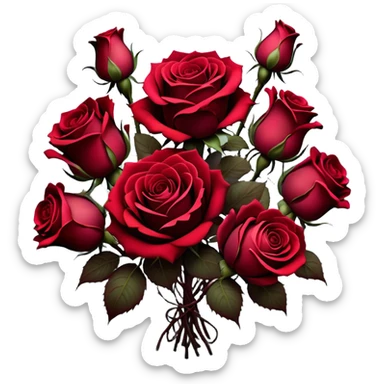 A surreal bouquet of Gothic roses, their petals drenched in crimson hues, from Venetian red to rustic tones, glowing against a dark, misty backdrop. The air is heavy with an eerie, romantic atmosphere, as if the flowers hold secrets of the past.
 sticker