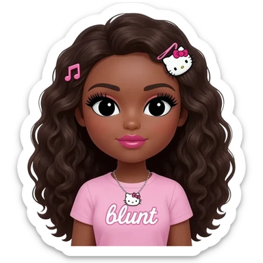 Long giant lashes, my melody hairclip, Doll faced shaped, hello kitty necklace, bimbo, black doll eyes, Big lips barbie, dark brown skin with long curly hair, light pink bimbo shirt says "blunt" , big breast sticker