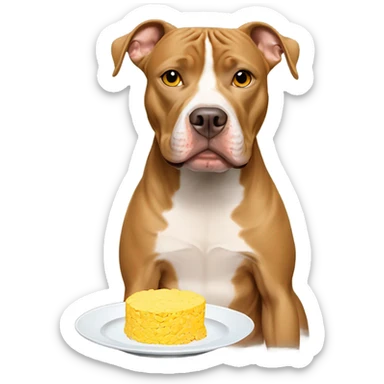 Tan pitbull holding a plate of scrambled eggs sticker