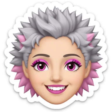 Close-up of Marian Pabón with defined facial structure, light skin with pink undertones, almond eyes with makeup, arched eyebrows, charismatic wide smile, and short spiky gray hair sticker