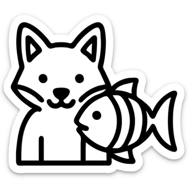 a cute blue fox and a rainbow fish as friends, outlined icon style, minimal, clean lines, cheerful mood sticker
