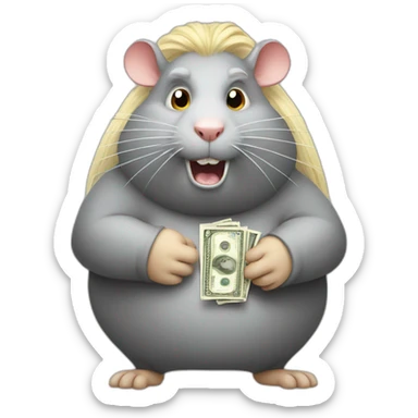 Angry fat Rat standing up with long blond hair holding money sticker