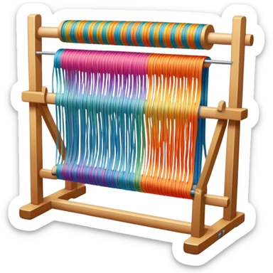 Create an icon that represents the hobby of weaving. The design should include a loom, threads, and a partially woven fabric. The loom should be the central focus, with visible threads being woven into a colorful pattern. The composition should feel balanced and harmonious, reflecting the intricate, creative nature of weaving. The background should be transparent. sticker