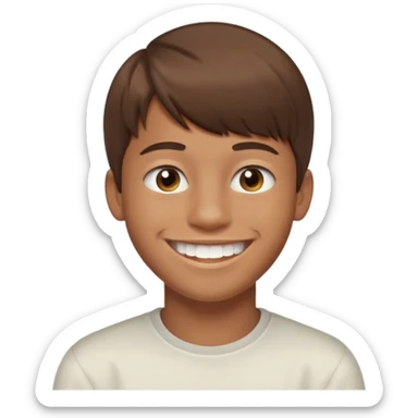 16 yr old boy, brown hair, straight, big smile, white teeth, tanned skin, bangs sticker