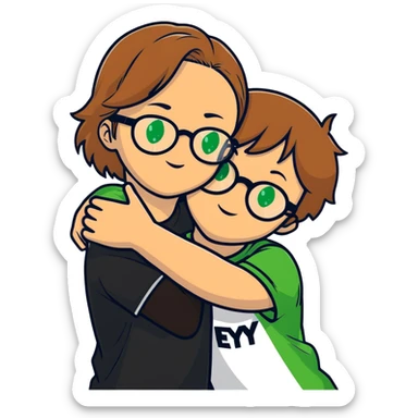a girl with light brown hair and green eyes, wearing black round glasses, hugging a boy with light brown hair and dark green eyes, both people in white T-shirts sticker