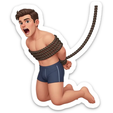thirty year old guy wearing boxershorts standing on his knees with mouth wide open and hands tied behind his back with ropes sticker
