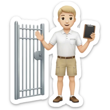 Pool attendant. white polo shirt. khaki shorts. waving. standing next to gate. holding clipboard sticker