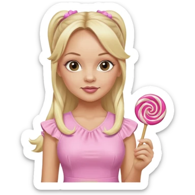 Emma Bunton with long blonde ponytails wearing light pink body dress holding a lollipop sticker
