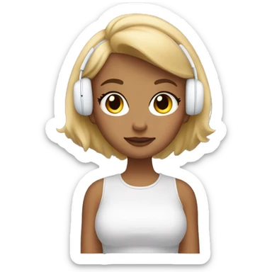 A blonde girl wearing airpods max and looking at a macbook sticker