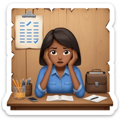  iOS emoji style - An overwhelmed woman sitting at a desk. She has dark hair. sticker