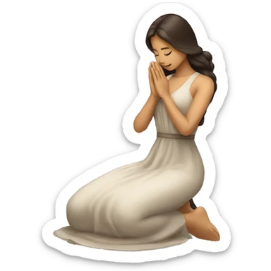 A woman kneeling praying, in a long dress, long dark brown hair sticker
