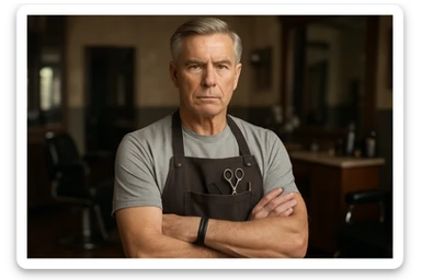 huddi shu odamni qariroq va soqolsiz tasvirlab ber o'zgartirib realistik qilib orqa fon sartaroshxona belidan sal pastroqqacha  sticker