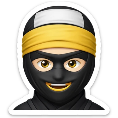 ninja face emoji with black ninja mask covering lower face, no skin color, standard emoji yellow, white headband, winking sticker