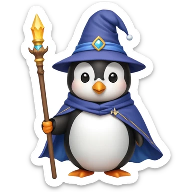 cute penguin holding a staff wearing a wizard cloak and hat, emoji style sticker