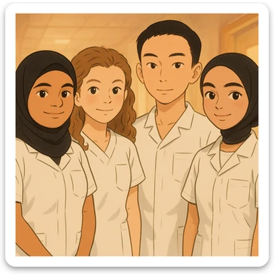 Four nursing students standing side by side in a warm atmosphere, Ghibli style. They wear white short-sleeved uniforms with medical tunic tops featuring V-neck collars and left chest pockets. No undershirts or stethoscopes. Faces and attitudes inspired by the four provided photos. sticker