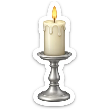 A silver candlestick holding a thick pillar candle glowing warmly. sticker