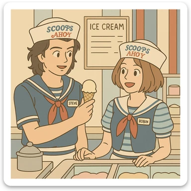 Iconic Stranger Things scene: Steve and Robin working together at the Scoops Ahoy ice cream shop, wearing uniforms, in simple line style with light pastel tones and thick outlines, Ghibli style, square 1:1 format. sticker