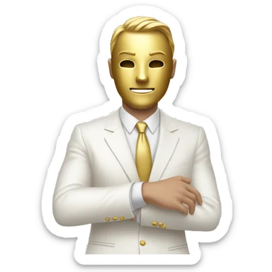 White suit Guy with gold Mask raising his right hand and looking down sticker