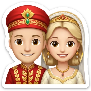 bride and groom in traditional outfit and smiling sticker