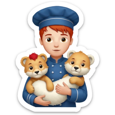 boy kid italian chef, red haired, uniform, holding plush polar lion sticker