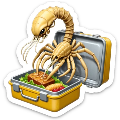 The Predator, as in the 1987 movie, eating an Alien facehugger from a lunchbox, the setting should be dark and sci-fi. sticker