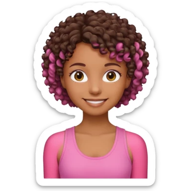 Uma menina com o cabelo cacheado curto é morena, e com uma regata rosa sticker