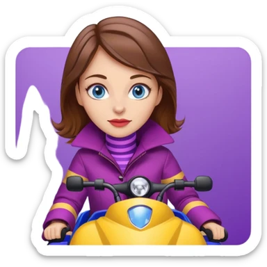 Brown hair, very blue eyes, Woman wearing a Very red coat  on purple and yellow striped snowmobile sticker