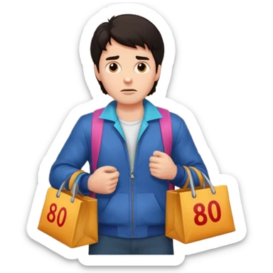 a man in 80s clothes, no mask, escaping a shop with loot, worried face, cartoon style, dark hair sticker