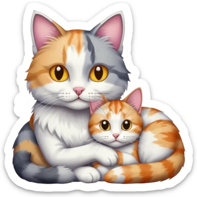 grey and white cat cuddling a colourful light patched calico + white tabby cat sticker