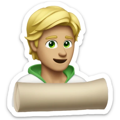a light-skinned blonde green-eyed man sitting in front of the paper scroll sticker