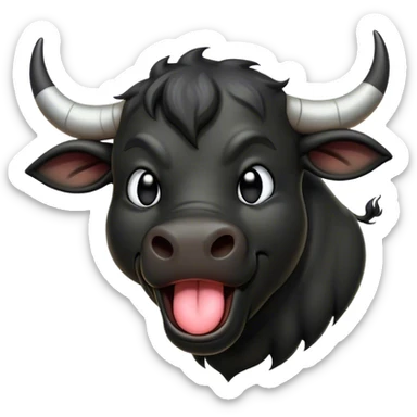 Cinematic Cute Yawning Black Bull Portrait Emoji, Head tilted slightly with a dramatic, wide-open yawn, showcasing a smooth, pure black hide with a subtle texture, floppy ears slightly drooping, round dark eyes barely open in drowsy contentment, Simplified yet irresistibly adorable features, highly detailed, glowing with a soft, cozy glow, high shine, relaxed yet expressive, stylized with a touch of rugged whimsy, bright and endearing, soft glowing outline, capturing the essence of a sleepy yet affectionate guardian, so drowsy it feels like it could charge right out of the screen and curl up for a nap! sticker