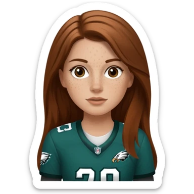 White girl with long medium brown hair and freckles wearring a Philadelphia eagles jersey sticker