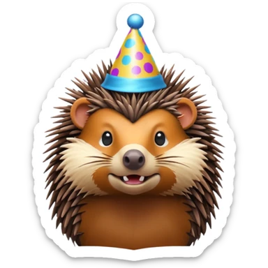 portrait bust-up of a porcupine wearing a party hat sticker