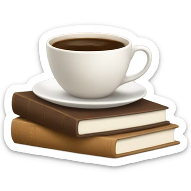 white cup of coffee on top of a small stack of brown and beige books sticker