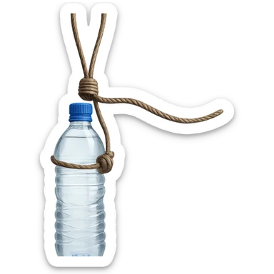 Show a longer rope with a loop, replacing the cheese with a transparent and detailed water bottle. The style should be realistic with natural details and no background. sticker