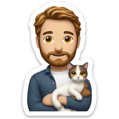 A whit man with brown hair and beard holding calico cat sticker