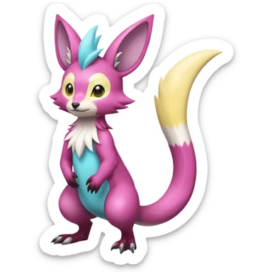 realistic Shiny smooth silky soft Cyan-Yellowish-Magenta Minccino-Zeraora-Emolga-Vernid-Sergal-fusion-hybrid-animal-creature, full body sticker