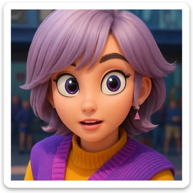 Move the hair away from the face to reveal the eyes, and add large, expressive cartoon eyes that match the character's cartoon style. Keep the rest of the image unchanged and maintain a cartoonish quality. sticker