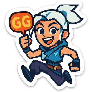 Jett from Valorant holding a 'GG' text bubble, dynamic pose, energetic expression, vibrant colors sticker