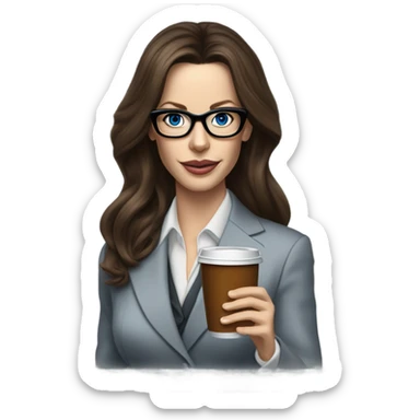 Realistic Kate Beckinsale blue eyes wearing glasses in a business dress drinking a cup of tea  sticker