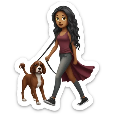 Beautiful tattooed  burgundy long haired woman walking a boxer dog sticker